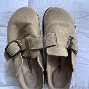 Cushionaire Tan Suede Buckle Mules